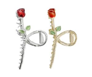 BAZEITFLOW Fermagli per Chioma a Mascella a Forma di Rosa Rossa in Metallo, Set da 2 Pezzi Antiscivolo per Chioma Spessi e Fini, Accessori Decorativi per Donne e Ragazze, Adatti a Tutti