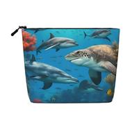 BBEXJIGY Delfini Tartaruga Marina Squalo Polpo Barriera Corallina Stampa Singolo Strato Finto Lino Come Borsa Trucco Elegante Pratico Organizer per Cosmetici, nero, Taglia unica