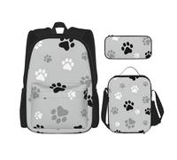 BBEXJIGY Zaino Oxford impermeabile 3 in 1 con stampa di impronte di zampe, borsa per il pranzo, astuccio per matite e uso quotidiano, nero, Taglia unica
