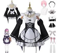 bbganlian Anime Ram Rem Cosplay Costume Vestito Re Life In A Different World From Zero Gioco di Ruolo Uniforme Set Completo Halloween Carnevale Dress Up Suit con Parrucca per Donne (L)