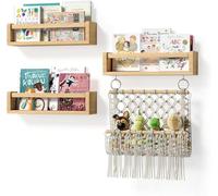 BBLIKE Set di 3 mensole per libri per cameretta dei bambini, mensole sospese da parete con rete di animali ripieni, mensole in legno da parete, mobili da appendere per riporre giocattoli e stanza dei