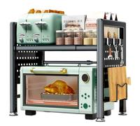 BBLTIFF Mensola Microonde Estensibile, Regolabile Due Livelli Microonde Scaffale 40-65cm, Mensola Microonde Salvaspazio, Supporto Microonde con Rastrelliera per Tagliere, 6 Ganci, Istruzioni (Nero)