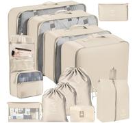 BBLTIFF Organizer Valigia, Set da 12 Pezzi Organizer valigia Salvaspazio, Packing Cubes, Organizzatori Bagagli Per Riporre Vestiti Scarpe Cosmetici, Beige