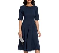 Bbonlinedress Abito da cocktail vintage da donna, formale, autunno, matrimonio, chiesa, a maniche lunghe, colletto alla Peter Pan, abito midi swing, Navy, L