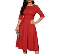 Bbonlinedress Abito da cocktail vintage da donna, formale, autunno, matrimonio, chiesa, a maniche lunghe, colletto alla Peter Pan, abito midi swing, Rosso, S