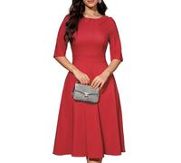 Bbonlinedress Abito da cocktail vintage da donna, formale, autunno, matrimonio, chiesa, a maniche lunghe, colletto alla Peter Pan, abito midi swing, Rosso, XL