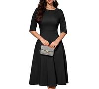 Bbonlinedress Abito da cocktail vintage da donna, formale, autunno, matrimonio, chiesa, a maniche lunghe, colletto alla Peter Pan, abito midi swing, nero, L
