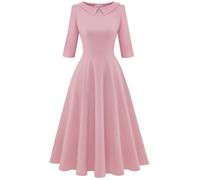 Bbonlinedress Abito da cocktail vintage da donna, formale, per matrimoni, chiesa, a maniche lunghe, colletto alla Peter Pan, abito midi, Rosso tendente rosa, L