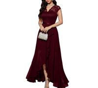Bbonlinedress - Abito da donna, da cocktail, linea A, top e gonna, in pizzo, chiffon, per festa di matrimonio, scollo a V, manica corta, Borgogna, M