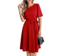 Bbonlinedress Abito da sera da donna, elegante e alla moda, per cocktail, matrimonio, ballo di fine anno, scollo rotondo, a maniche corte, con cintura, rosso, XS