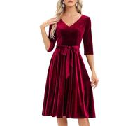 Bbonlinedress Abito Rockabilly da Donna con Maniche 3/4, Scollo a V, Lungo a Midi, Maniche Lunghe, Abito Festivo per Matrimonio, Stile Vintage, Abito da Cocktail, M
