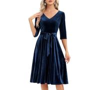 Bbonlinedress Abito Rockabilly da Donna con Maniche 3/4, Scollo a V, Lungo a Midi, Maniche Lunghe, Abito da Cerimonia per Matrimonio, Stile Vintage, Abito da Cocktail, S
