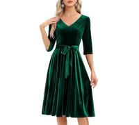 Bbonlinedress Rockabilly, abito da donna a 3/4 con scollo a V, a maniche lunghe, abito da cocktail vintage, velluto verde scuro, L