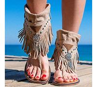 BBOOY Infradito da Donna con Frange, Sandali Vintage a Punta Alta con Clip, Sandali da Viaggio da Spiaggia con Perizoma Piatto Estivo Traspiranti,Cachi,41