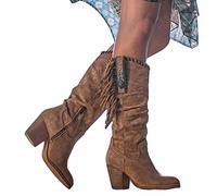 BBOOY Stivali Alti da Cowboy da Donna, Stivali Lunghi alla Moda con Tacco Alto con Frange, Stivali Alti al Ginocchio Western in Pelle Scamosciata con Punta Tonda da Donna,Marrone,38