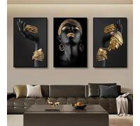 BBOVOBB 3 stampe artistiche da parete con donne nere africane con gioielli dorati, stampe su tela per soggiorno, decorazione da parete per la casa, 60 x 80 cm, 3 pezzi con cornice