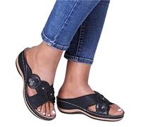 BBPM Sandali estivi da donna con zeppa casual con stampa floreale senza lacci, sandali comodi da spiaggia, larghezza selvaggia, fondo in gomma morbida, scarpe da passeggio, nero, EU38/US7
