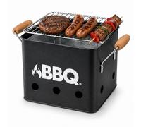 BBQ Cube Barbecue Portatile Nero Opaco 28,5x15,5cm | Mini Grill Carbonella Balcone Campeggio Picnic | Griglia Cromata + Vassoio Zinco | Manici Legno | Barbecue Cubo Terrazza Giardino