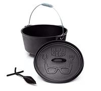BBQ-Nerd© Dutch Oven"Starter", 3,1 l, con piedini, già bruciato, preseasoned, pentola in ghisa, con coperchio con sollevatore, griglia ignifuga e pentola da campeggio