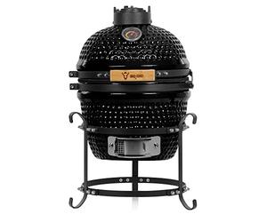 BBQ-Toro Griglia Kamado a carbonella Haiiro Ø 32 cm con termometro, manico in legno | Nero | Griglia Kamado in ceramica, mini griglia a carbonella