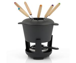 BBQ-TORO Set fonduta in ghisa per 6 Persone Set fonduta 13 Pezzi con bruciatore e forchette quantità di riempimento 1 litro di Cioccolato al Formaggio induzione. (Nero/già imbrimere)