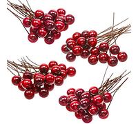 BBTO Bacche artificiali di agrifoglio, 100 pezzi mini 10 mm bacche finte decorazione su filo per decorazioni albero di Natale, corona di fiori fai da te uso artigianale (rosso vino)