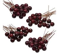 BBTO Bacche di agrifoglio artificiali, 100 pezzi, mini, 10 mm, bacche finte su filo, decorazioni per albero di Natale, ghirlande di fiori, fai da te, uso artigianale (rosso scuro)