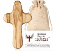 BBTO Croce in Legno d'Ulivo Portafortuna da Esame Fatto a Mano Adulatore della Mano Incrociata Regalo del Crocifisso con Borsa e Tessera Dono Cristiano di Preghiera per Amici Battesimo Comunione