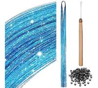 BBTO Kit 200 Ciocche di Tinsel per Capelli, Azzurro | Con Strumenti Orpelli, Glitter per Extension dei Capelli, Accessori Estensione per Intrecciare Capelli Donna