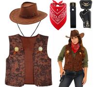 BBTO Kit di Accessori per Costume da Cowboy Unisex Cappello da Cowboy Bandana Gilet Marrone Pistola da Giocattolo con Cintura Fondina per Adulto Uomo per Festa Halloween Carnevale Travestimento