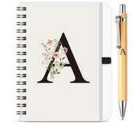 BBTO Set di Quaderno a Spirale e Penna Personalizzati con Iniziale A | Quaderno Floreale B6, con Penna in Bambù Regalo per Donne e Uomini, Natale Compleanno, San Valentine, Amica Collega Maestre
