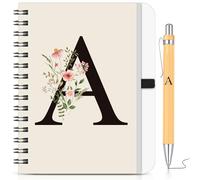 BBTO Set di Quaderno e Penna Personalizzati con Iniziale A, Quaderno a Spirale Floreale B6 con Penna in Bambù Lettera Regalo per Donne e Uomini Natale Compleanno San Valentine Amica Collega Maestre