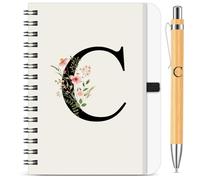 BBTO Set di Quaderno e Penna Personalizzati con Iniziale C, Quaderno a Spirale Floreale B6 con Penna in Bambù Lettera Regalo per Donne e Uomini Natale Compleanno San Valentine Amica Collega Maestre