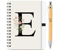 BBTO Set di Quaderno e Penna Personalizzati con Iniziale E, Quaderno a Spirale Floreale B6 con Penna in Bambù Lettera Regalo per Donne e Uomini Natale Compleanno San Valentine Amica Collega Maestre