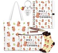 BBTO Set Regalo Capibara da 6 Pezzi 1 Trousse per il Trucco 1 Portachiavi 1 Paio di Calzini 1 Quaderno 1 Borsa Tote Regalo per Amanti degli Animali Famiglia Amici Natale