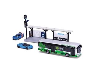 BBURAGO 1/64 TRASPORTI PUBBLICS - Playset City Bus + Station + 2 veicoli, blu o verde