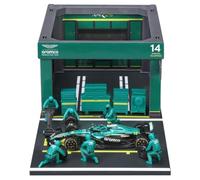 Bburago - Aston Martin AMR25 Alonso, Playset Pit Stop Scala 1:43 | Playset con Diorama F1, Veicolo AMR25 #14 in Scala 1:43 e 6 Meccanici, Replica Dettagliata Licenza Ufficiale Aston Martin, 3+