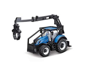 Bburago B18-31669 Trattore New Holland T7.315 pressofuso con caricatore frontale funzionante e veicolo a 3 LOGS, verde