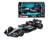 Bburago Formula 1 Mercedes AMG Petronas F1 W15 Team (2024): modellino auto in scala 1:43, da autista #63 George Russell, Window Box, 12,5 cm, nero argento (18-38208R)