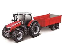 Bburago Massey Ferguson 8740S - Trattore con rimorchio, 10 cm, colori assortiti
