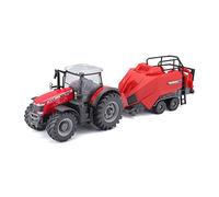 Bburago Trattore in pressofusione Massey FERGUSSON 8740S con Sollevatore di Balletto funzionante, Replica dettagliata del Modello da Collezione, Rosso