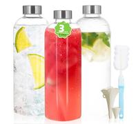 BBWELL Borraccia In Vetro da 1 Litro Riutilizzabili, Confezione da 3 Bottiglie Vuote In Vetro Con Coperchio, per Acqua, Frullati, Succhi di Frutta, Con Chiusura Ermetica, a Prova di Perdite