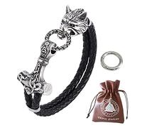 BBYOUTH Bracciale 3D Testa di Lupo Vichingo per Uomo, Pelle Acciaio Inossidabile 316L Mitologia Nordica Gioielli Talismano Martello di Thor,Wolf And Mjolnir,7.28inch