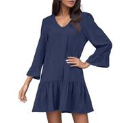 Bcenoilua Abiti da Donna Scollo a V Abiti in Cotone e Lino Manica Midi Svasata a Pieghe, Mini Polsini Svasati Abiti Casual d'Autunno Abbigliamento Donna Elegante