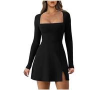 Bcenoilua Abito Casuale da Donna a Maniche Lunghe Sexy Elegante Colletto Quadrato Spacco Mini Abito Nero Aderente Bodycon Corto Vestito per Feste Club Ccocktail Formale