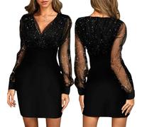Bcenoilua Abito Donna Vestito Elegante V in Rete a Maniche Lunghes Vestito Sexy Abito Sottile retrò da Mini Festa Abiti da Club