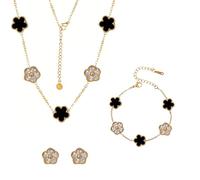 Bcenoilua Set Gioielli Donna, Parure Quadrifoglio Fortunato Placcato Oro 18k Acciaio Inossidabile Collana Regolabile Orecchini e Bracciale per Regali Occasioni Speciali e Donne (Nero, Taglia unica)