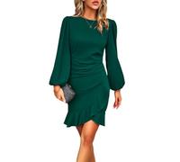 Bcenoilua Vestito Donna Manica Lunge Midi Bodycon Abito Orlo Irregolare a Volant Abito da Festa Increspato Vestiti Nero Elegante Abito da Cocktail Cerimonia Lunghezza al Ginocchio Abito