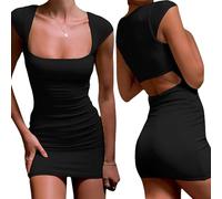 Bcenoilua Vestito Donna Schiena Scoperta Corto Maniche Mini Abito Sexy Casual Elegante Nero Miniabito da Sera Cocktail Party Tinta Unita Party Club Abiti Corti per Vacanza HL