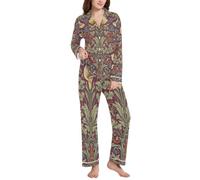 BCFHRGT Calla Lily Red Blue William Morris Pattern Loungewear Ladies Collared Sleep Set, Calla Lily Rosso Blu William Morris Pattern, XX-Large